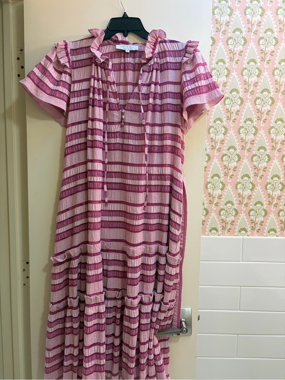 HUNTER BELL Pink and Magenta Striped Ruffle Maxi Dress
